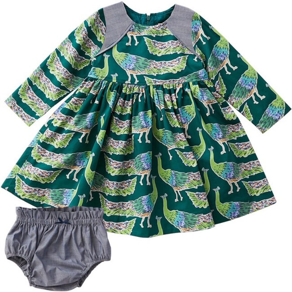 Pink Chicken Peacock Print “Songbird” Dress — 6-12 months